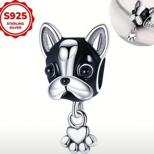 925 Silver French Bulldog Charm/ Pendant with Black and Silver Accents - NWT